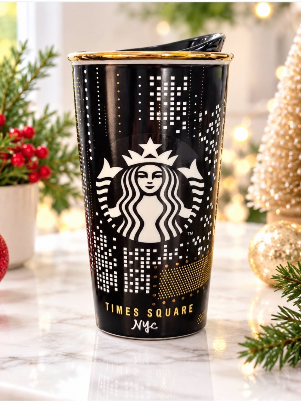 Starbucks 2015 Times Square NYC Ceramic Travel Tumbler 12 Oz Black Gold